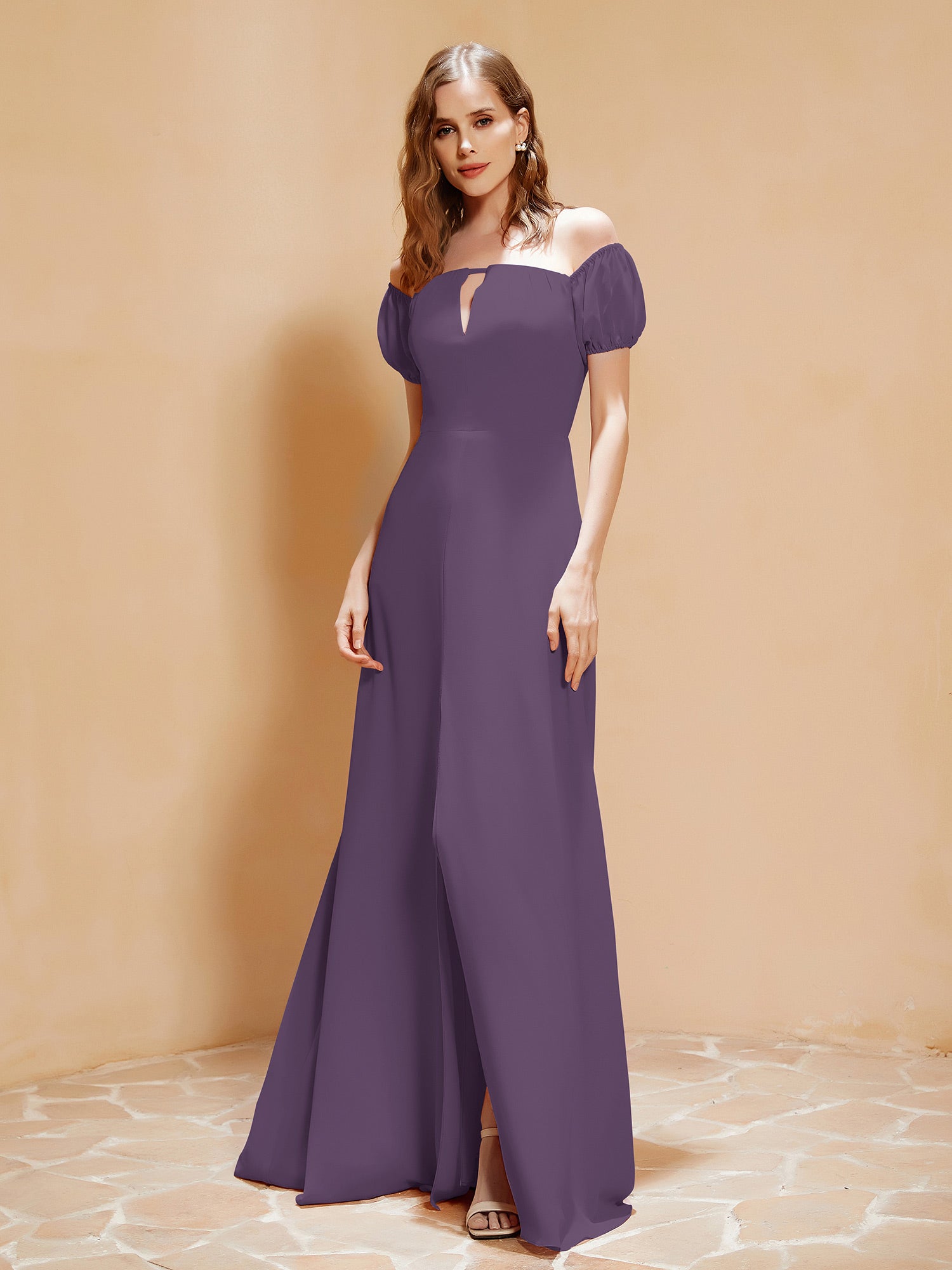 Half Sleeves Long Gown with Slit Plum